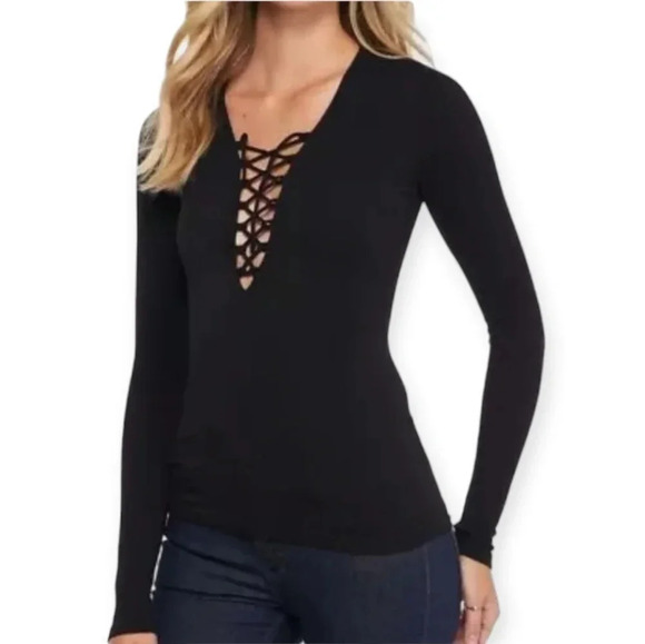 Free People Intimately Free Black Ribbed Lace  Up Neck Long Sleeve Top M/L - Picture 12 of 12